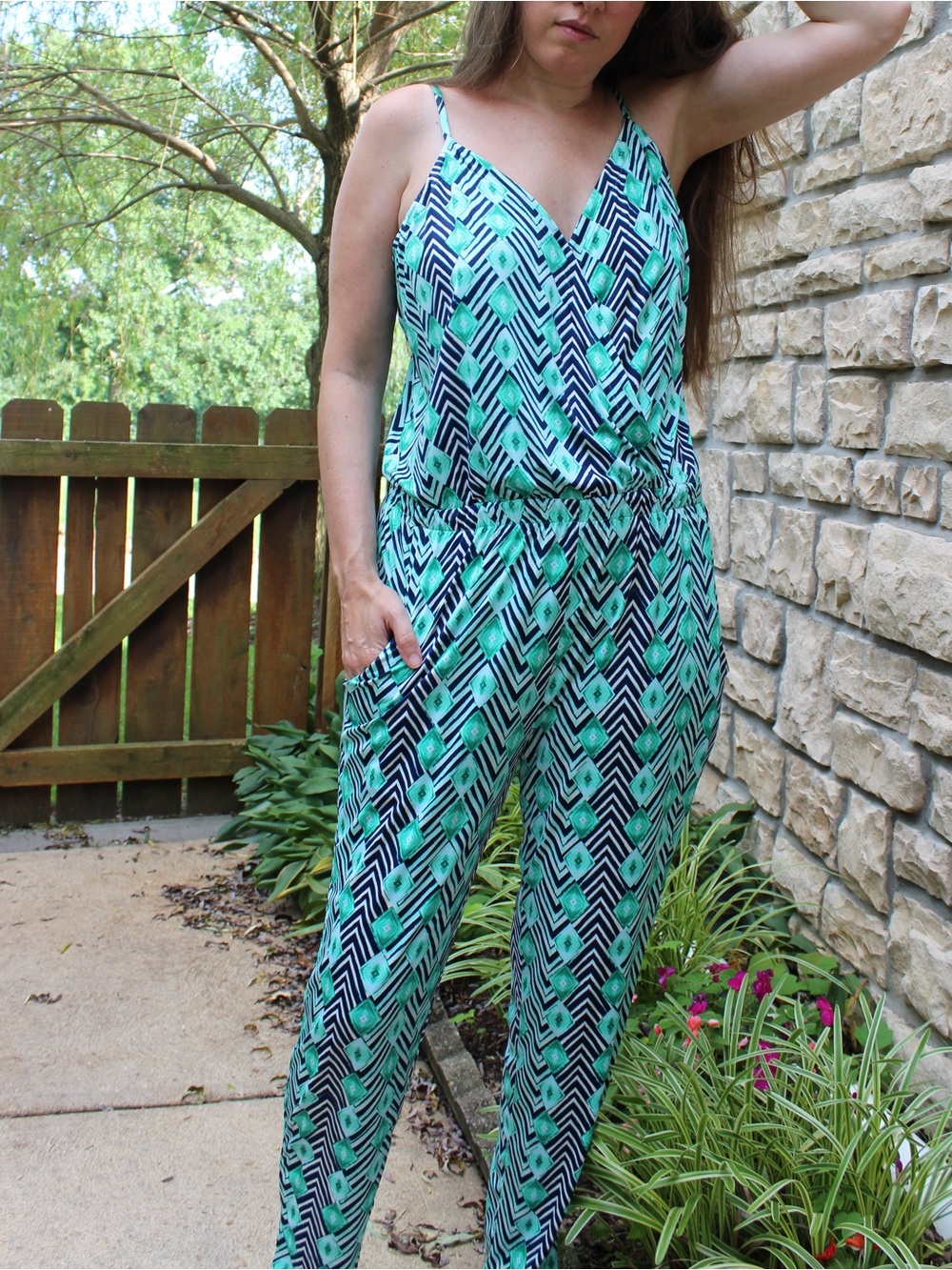 Veronica M. Green & Navy Geometric Wrap Romper-